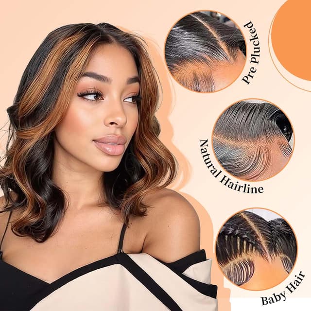 Detalle 2 de Afribye 13x6 Highlight Ombre Body Wave Lace Front Wig (Human Hair, 200% Density, FB/30) — Pre-Plucked, Glueless