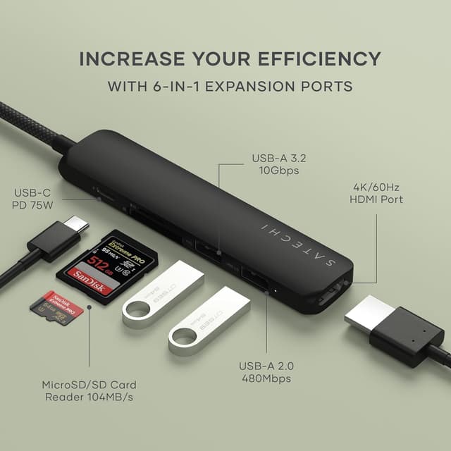 Detalle 2 de Satechi 6-in-1 USB-C Hub Slim Plus Multiport Adaptor with HDMI 4K@60Hz and 100W USB-C PD Charging (Black)