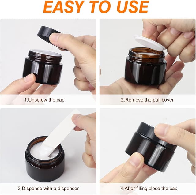 Detalle 2 de 50ml Amber Glass Jars (6 Pack) by GAUATO – Reusable cosmetic storage pots with lids, for creams, lotions & travel