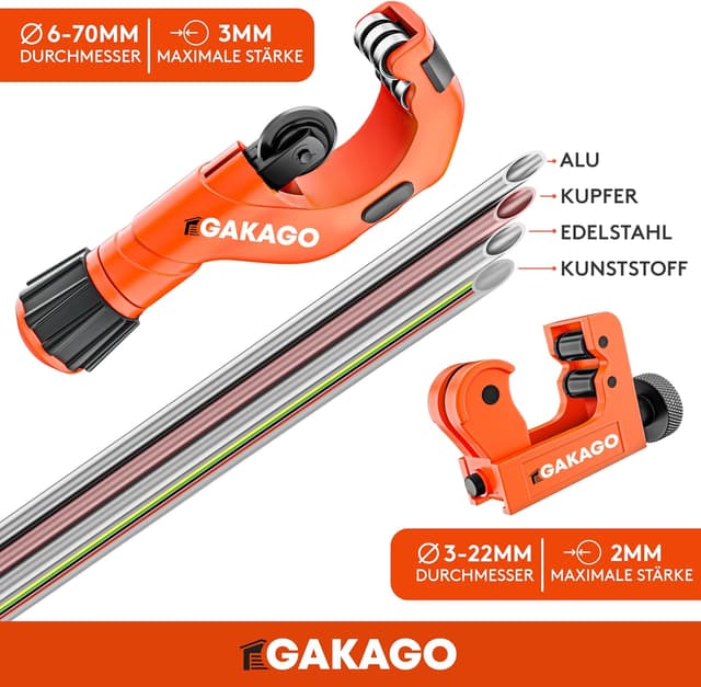 Detalle 2 de Gakago Rohrschneider-Set 3–70 mm mit Entgrater – Rohrabschneider für gängige Metalle & Kunststoffe