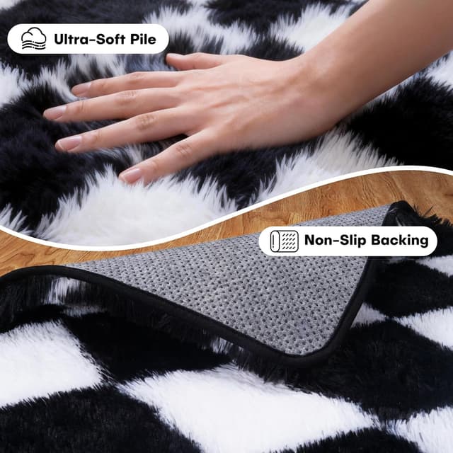 Detalle de FVVRAX Checkered Fluffy Rug (200x300cm) in Black & White