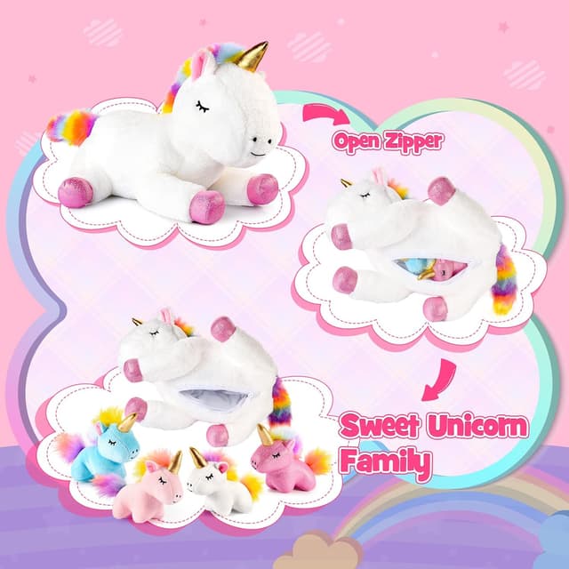Detalle de Adeokay Einhorn Kuscheltier Geschenk-Set (Einhorn-Mama & 4 Babys) für Mädchen und Jungen von 3 bis 10 Jahren