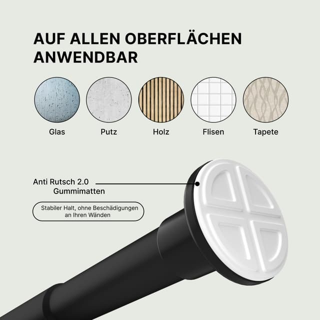 Detalle de MEISENBERG Klemmstange für Gardinen 90–160 cm, Schwarz (Ø 25 mm) – Duschvorhangstange ohne Bohren