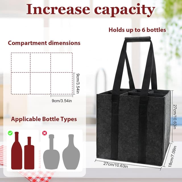 Detalle de Flaschentasche für 6 Flaschen (2 Stück) aus Filz mit Griff – faltbar und mit wechselbarer Trennwand