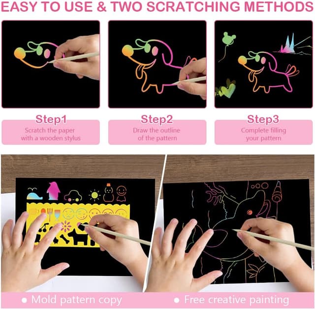 Detalle de Vicloon Kratzbilder Kinder Set (50 Blätter Regenbogen) mit 5 Holzstiften & 4 Schablonen