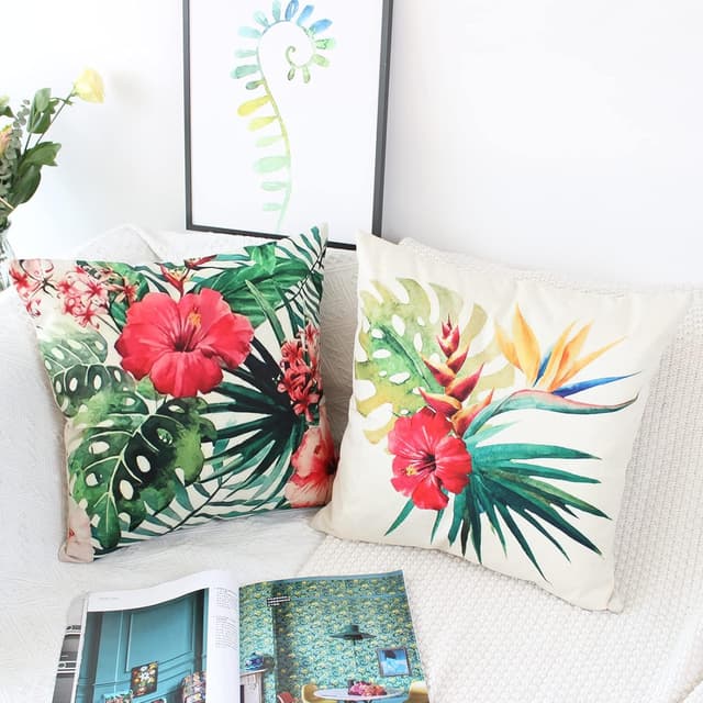 Detalle de NIULAA 4er-Set Kissenbezüge 45 x 45 mit tropischem Pflanzen-/Tiermotiv und verdecktem Reißverschluss