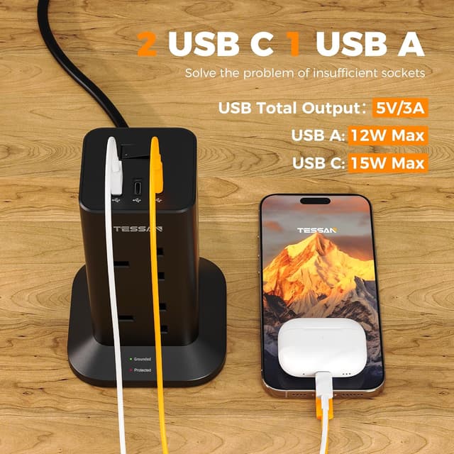 Detalle de TESSAN Tower Black Extension Lead with 2 USB-C slots, 8-way surge protected power strip (2m)