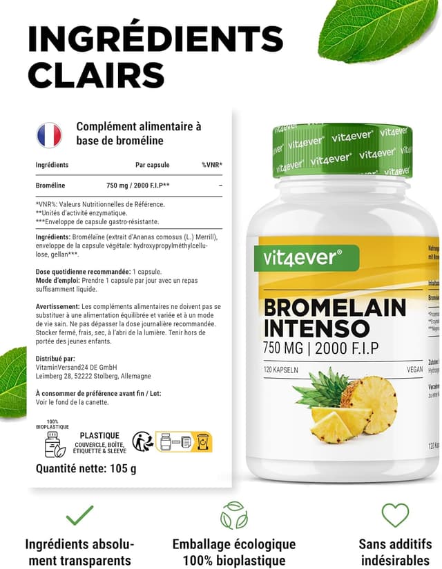 Detalle de Bromélaïne Intenso 750 mg (2000 F.I.P) – 120 gélules gastro-résistantes, extrait naturel d’ananas