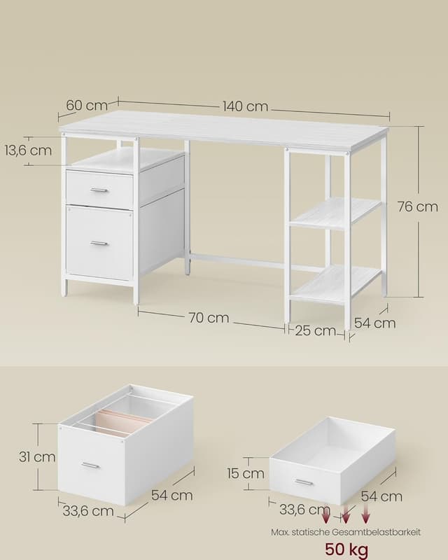Detalle de Computertisch 140 x 60 cm mit Ablagen