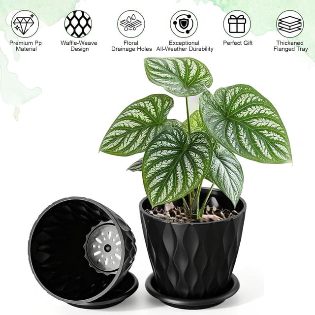 Detalle de Romon set di 6 vasi in plastica da interno/esterno da 10 cm con fori di drenaggio e sottovaso rimovibile, nero