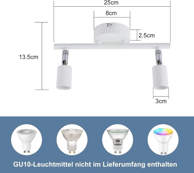 Detalle de Glitzerlife LED Deckenleuchte GU10 (2-flammig) mit drehbaren Köpfen in Weiß – moderne Deckenspots für Räume wie Flur & Küche