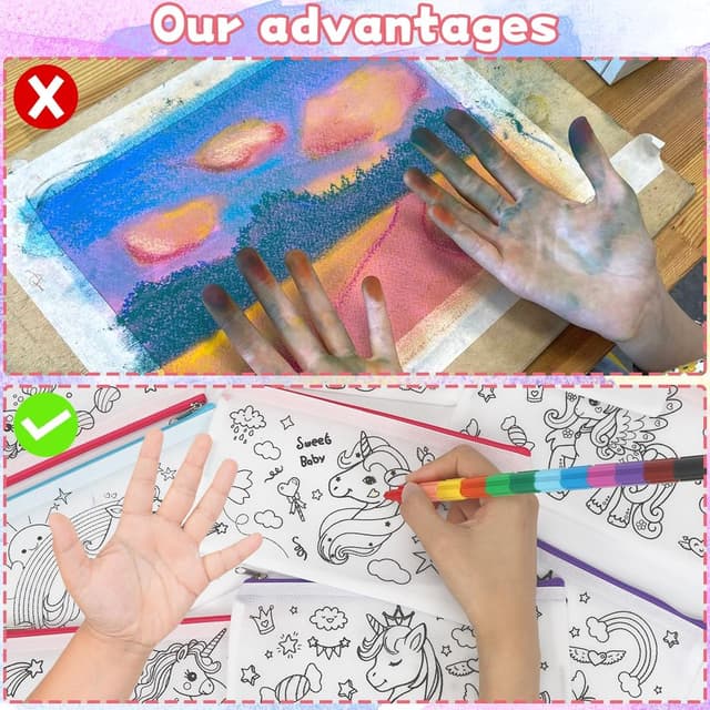 Detalle de Aurasky Einhorn Federmäppchen zum Bemalen mit Stoffbeutel, 10 DIY-Malsets & 4 stapelbare Wachsmalstifte (12 Farben)