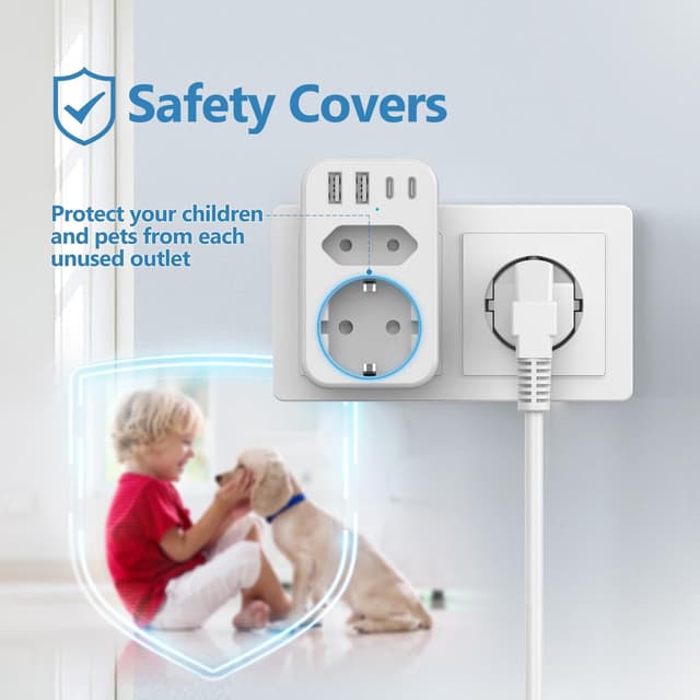 Detalle de JSVER Multi-Socket Power Strip 3680W con 1 presa Schuko, 1 presa europea e 4 porte USB (2×USB-A + 2×USB-C), bianco