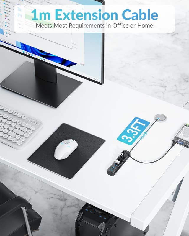 Detalle de PHIXERO 7-Port USB 3.0 Hub mit 100 cm Kabel (5 Gbit/s, 7 Anschlüsse)