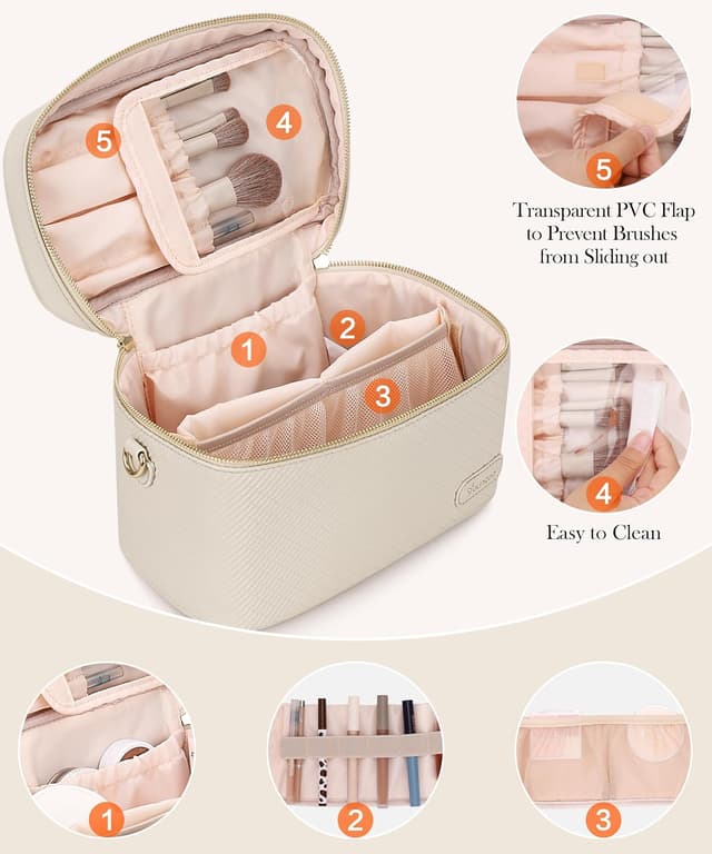 Detalle 2 de Youngoa große Kosmetiktasche aus Ledergewebe für Damen (26 x 17 x 14 cm) – wasserdicht, mit herausnehmbarer Trennwand & Schultergurt