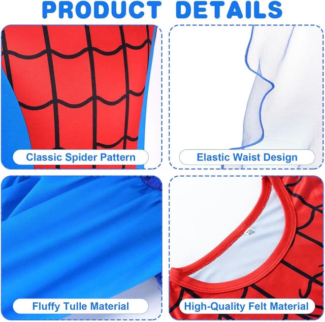 Detalle de Aomig Costume Supereroe Bambina: vestito Spider con maschere per Halloween, Carnevale e feste (Blu) 130CM