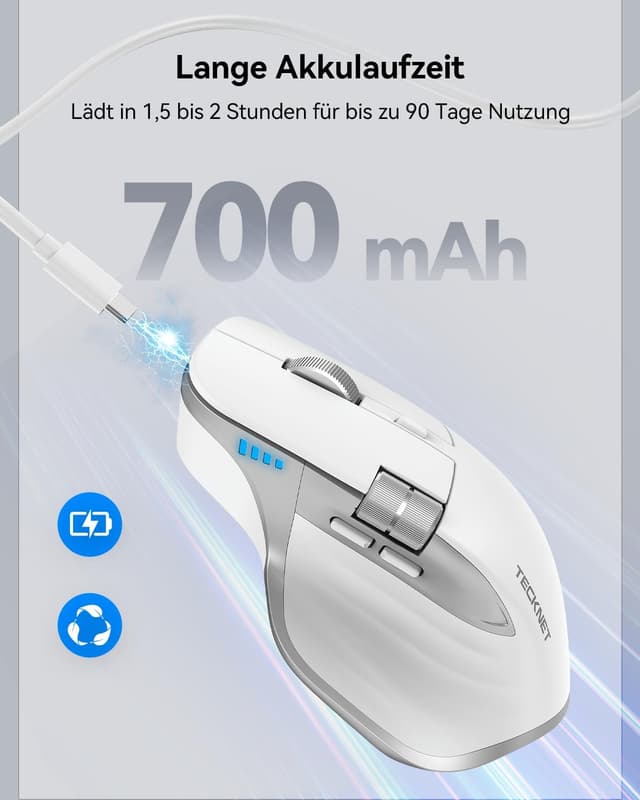 Detalle de TECKNET kabellose Bluetooth-Maus (BT 5.3/5.0 + 2,4G) mit 7 Tasten, 4.800 DPI, USB-C – weiß