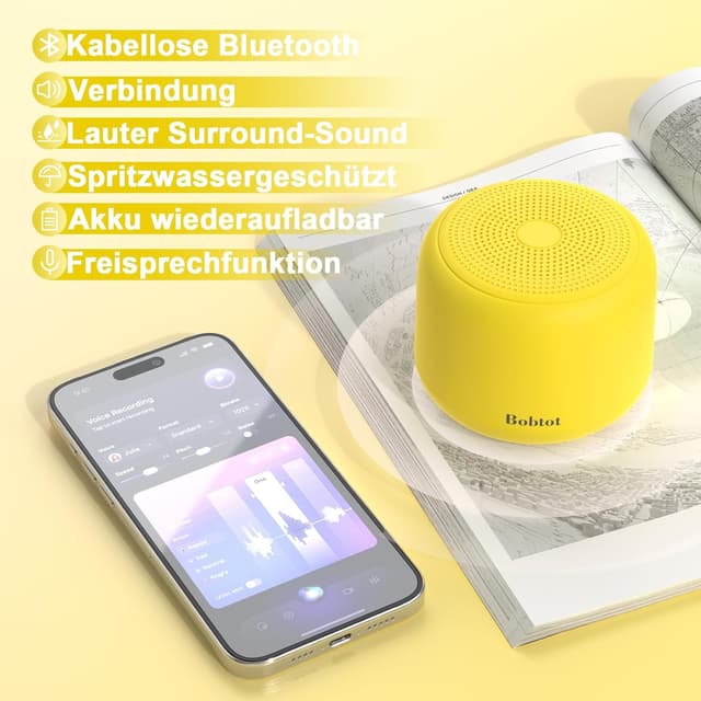 Detalle de Bobtot Tragbarer Bluetooth-Lautsprecher (gelb) – wasserdicht, Stereo-Sound, bis zu 15 Stunden Spielzeit