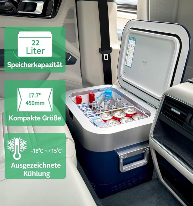 Detalle 2 de BINGI Kompressor-Kühlbox 22 l – tragbarer Auto-Kühlschrank 12/24V DC & 230V AC (15℃ bis -18℃)