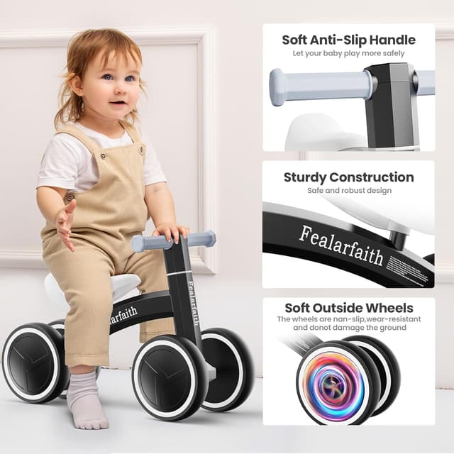 Detalle de Baby Balance Bike for 1 Year Olds (10-36 Months) with 4 LED Lighting Wheels, Enclosed Wheels & Steering Limit (Black)