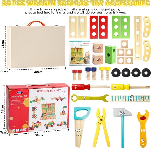 Detalle de Wooden Toys Kids Tool Set Wooden Tool Box Kit (34 pcs) for Pretend Play & Learning