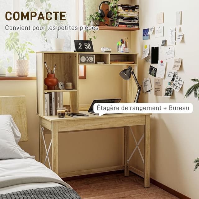 Detalle de HOMCOM Bureau avec rangement et bibliothèque intégrée (105 x 50 x 137,5 cm) aspect chêne