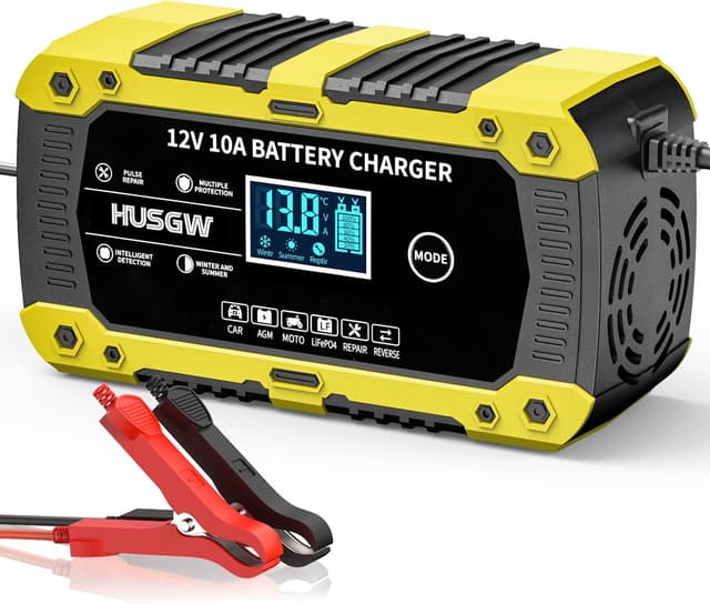 Detalle de Caricabatterie auto e moto 12V 10A con display LCD e multi-protezioni (modalità CAR, AGM, MOTO, LiFePO4, REPAIR) – Giallo 10A