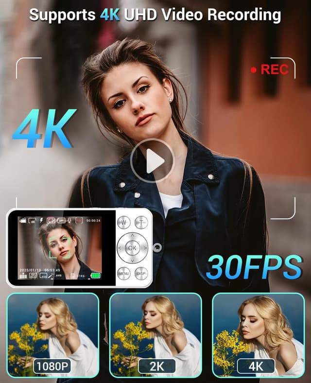 Detalle de Wevoor Macchina Fotografica Digitale 4K 64MP con schermo 2,8”, zoom digitale 18x e memoria da 64GB, bianco