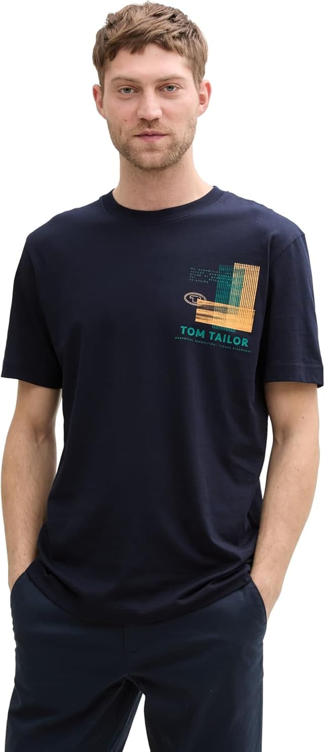 Detalle 2 de TOM TAILOR 1045664 T-Shirt da uomo tinta unita con stampa sul petto