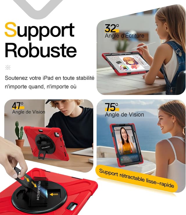 Detalle 2 de BRAECN Étui iPad Air 13 pouces avec film de protection, support 360° et dragonne (rouge) pour modèles M4/M3/M2