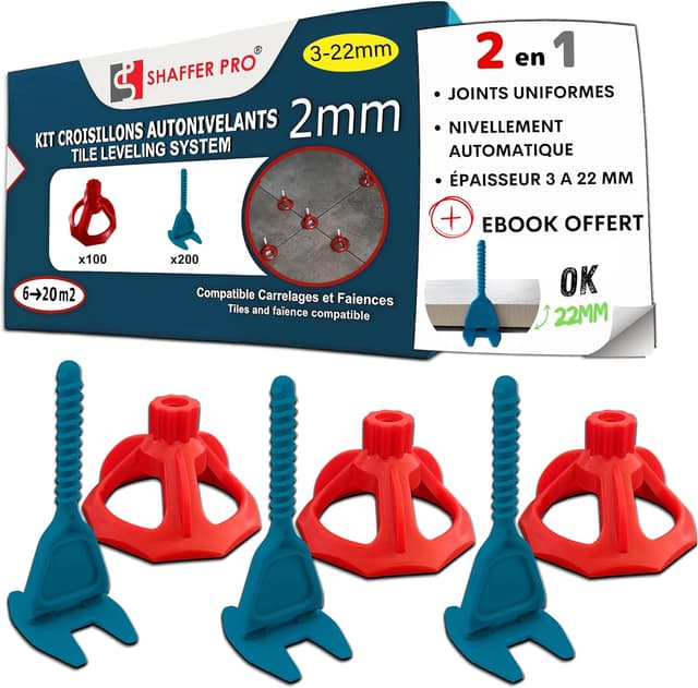 Detalle de Croisillons carrelage autonivelant SHAFFER PRO 2 mm | 200 clips + 100 cœurs réutilisables (3 à 22 mm)