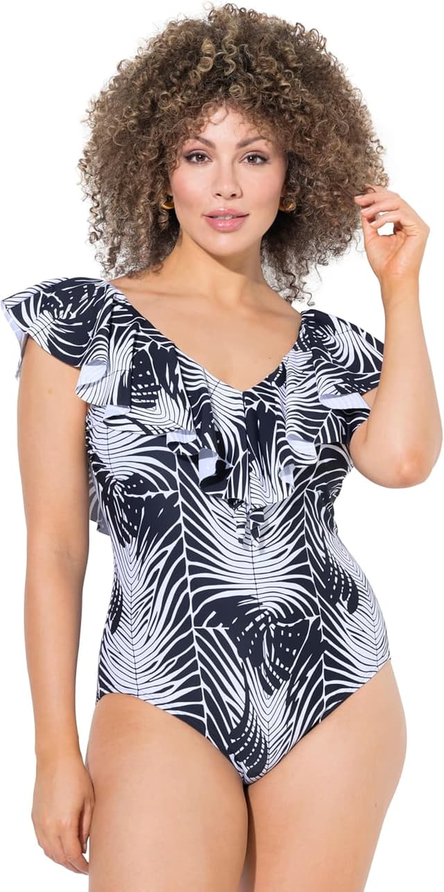 Detalle 1 de Ulla Popken Plus Size Badeanzug mit Schlangenmuster, Softcups und Volant
