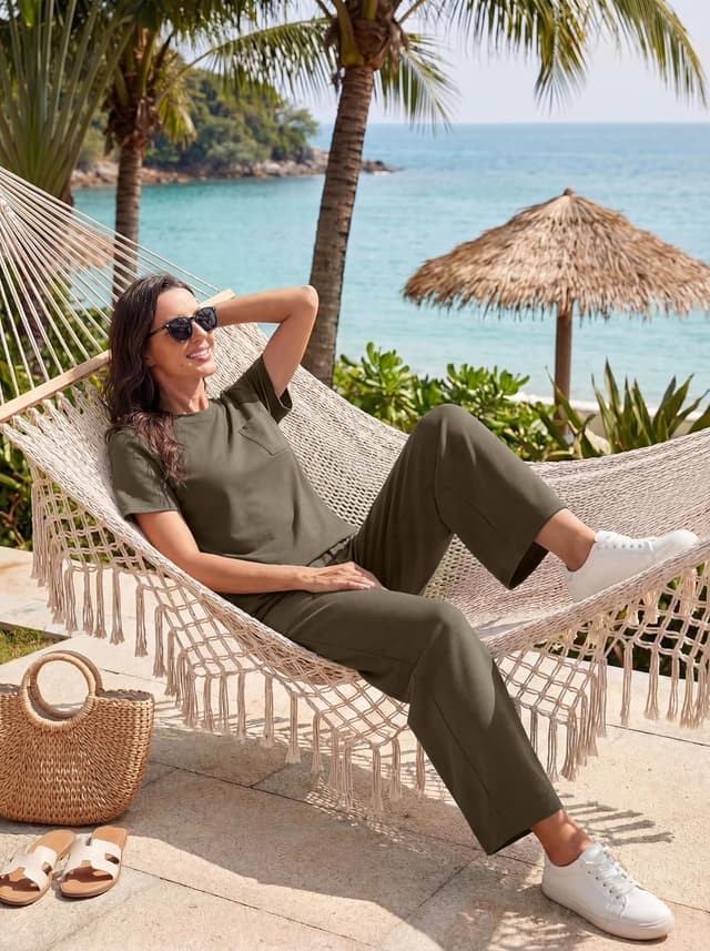 Detalle de GRECERELLE Airport Two Piece Travel Outfit Set for Women (summer short-sleeve tracksuit)