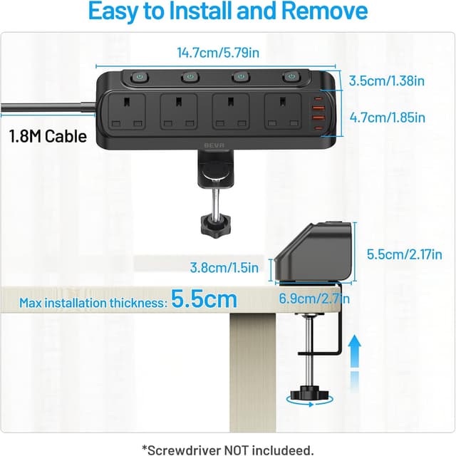 Thumbnail 6 de BEVA Desk Extension Lead 1.8m: 4-way switched extension socket with PD20W USB charging