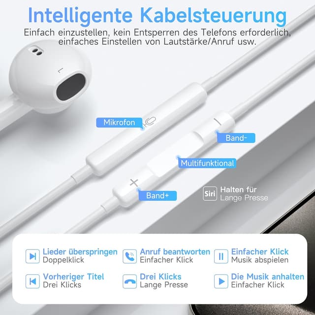 Detalle de suohong iPhone 17 Air USB‑C Kopfhörer mit Kabel (MFi-zertifiziert) – In‑Ear mit Mikrofon und Lautstärkeregler