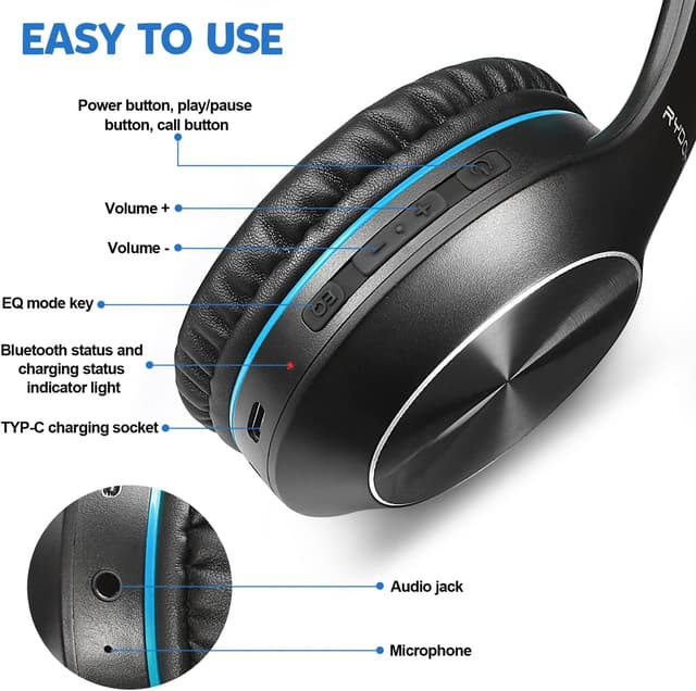 Detalle de Rydohi Bluetooth Over-Ear Headphones (68H playtime, Bluetooth 5.3, mic) – black/blue