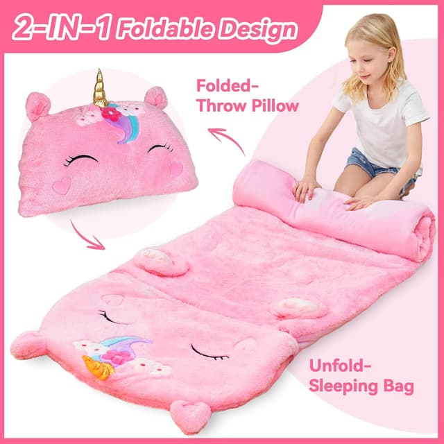 Detalle 2 de iPlay iLearn Kids Unicorn Sleeping Bag 2-in-1 Toddler Nap Mat (Plush Slumber Sack)