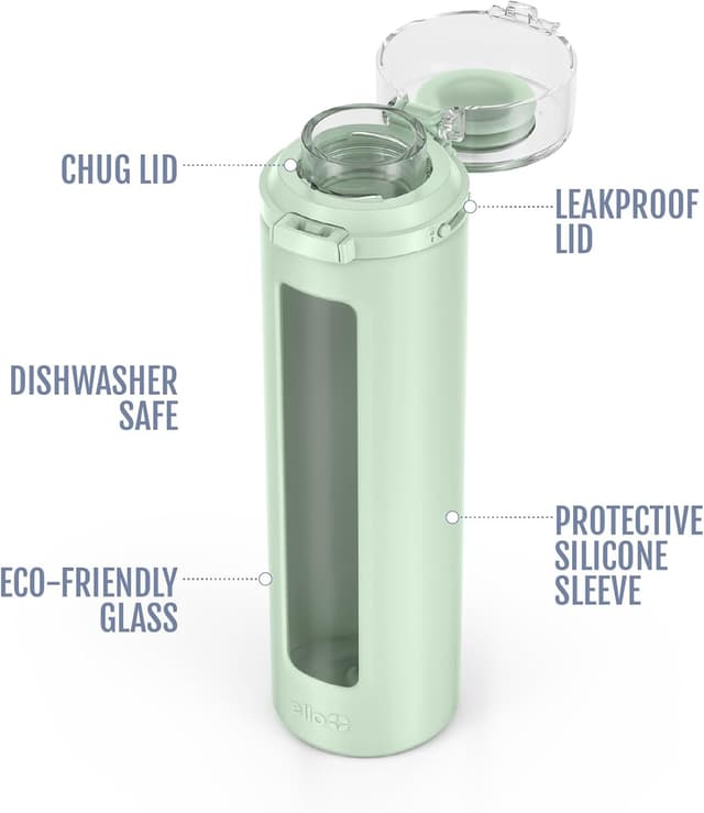 Detalle de Ello Syndicate 20oz Reusable Glass Water Bottle with One-Touch Leak Proof Flip Lid (Sage)