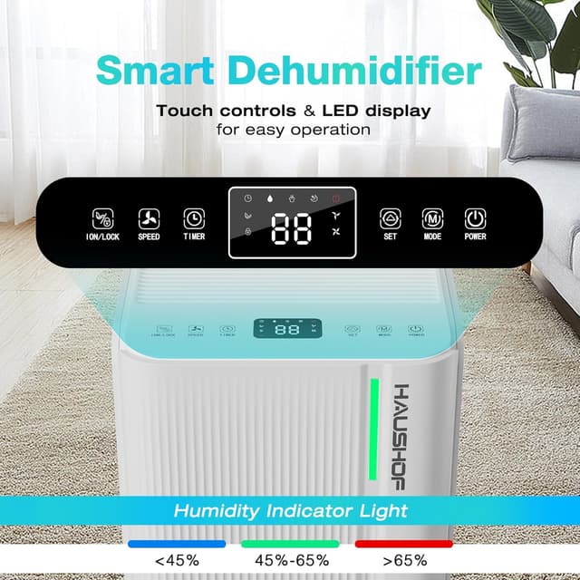 Detalle de HAUSHOF 12L/Day dehumidifier with air purification, digital humidity display and 24h timer