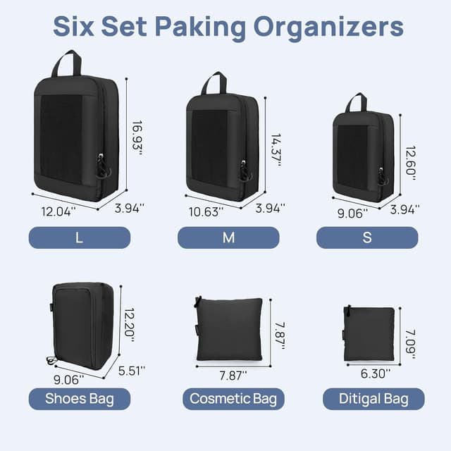 Detalle de Carttiya Compression Packing Cubes (Black) – Expandable travel organisers, 6-pack