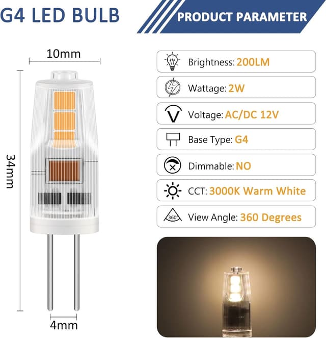 Detalle de Caldarax G4 LED 2W 12V (3000K, 200 lm) Warmweiß – 10er-Set, Ersatz für 12V/20W Halogen