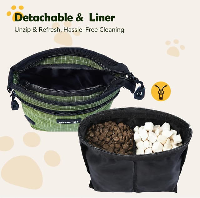 Detalle de AGPTEK sac à friandises pour chien avec fermeture magnétique et compartiments amovibles, vert