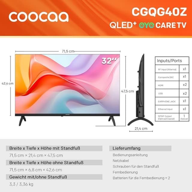 Detalle de coocaa Smart TV 32 Zoll (80 cm) QLED-HD mit Google TV, HDR10 & Dolby Audio