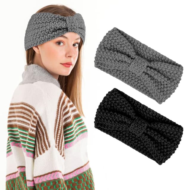 Detalle de LOPHE Winter Stirnband für Damen & Mädchen (2er-Set), gestrickt, warm & elastisch