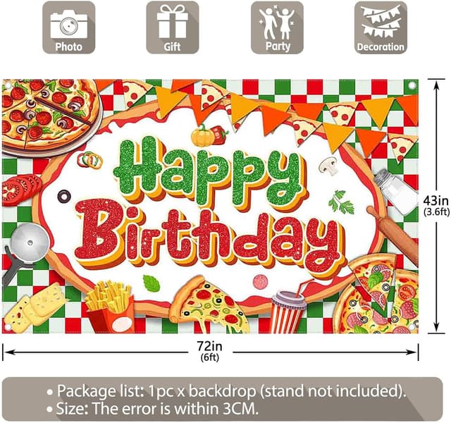 Detalle de Luminora 72x43 inch pizza-themed birthday backdrop in red and green