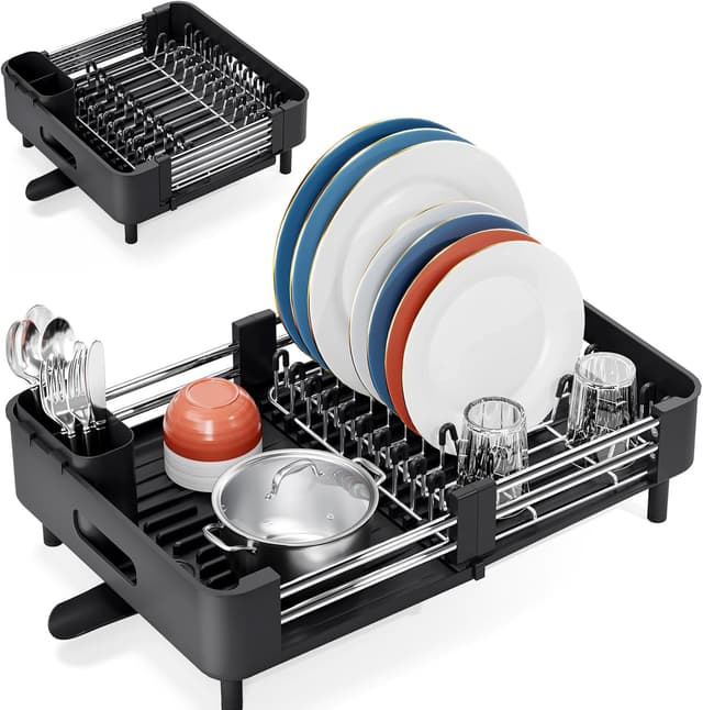 Detalle de KINGRACK extendable dish drainer rack with removable cutlery holder (stainless steel, black)