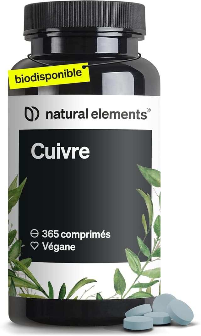 Detalle de Cuivre – 365 comprimés véganes, 2 mg par jour en forme bisglycinate (goût neutre) – laboratoire en Allemagne