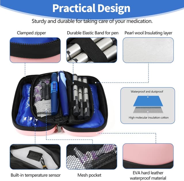 Detalle de HIMDUZE 24 Hour Insulin Cooler Travel Case (TSA Approved) with Thermometer Display – Pink