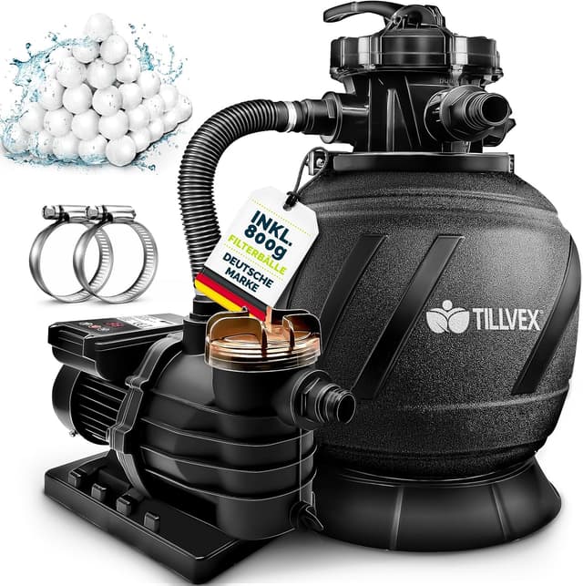Detalle de tillvex AquaBlack Pro Sandfilteranlage mit Timer (10 m³/h) inkl. 7-Wege-Ventil & Filterbällen