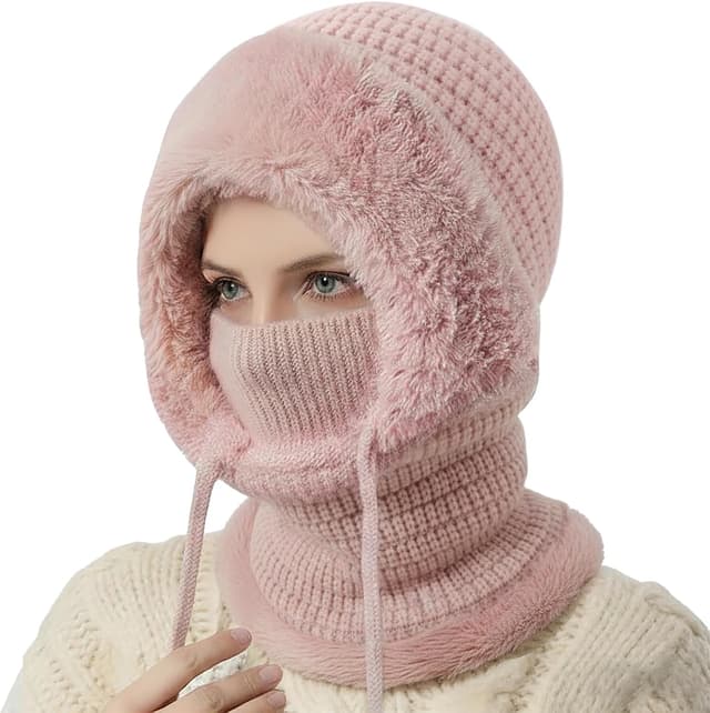 Detalle 2 de DRESHOW Women’s winter balaclava knit beanie with drawstring hood scarf (3-in-1)